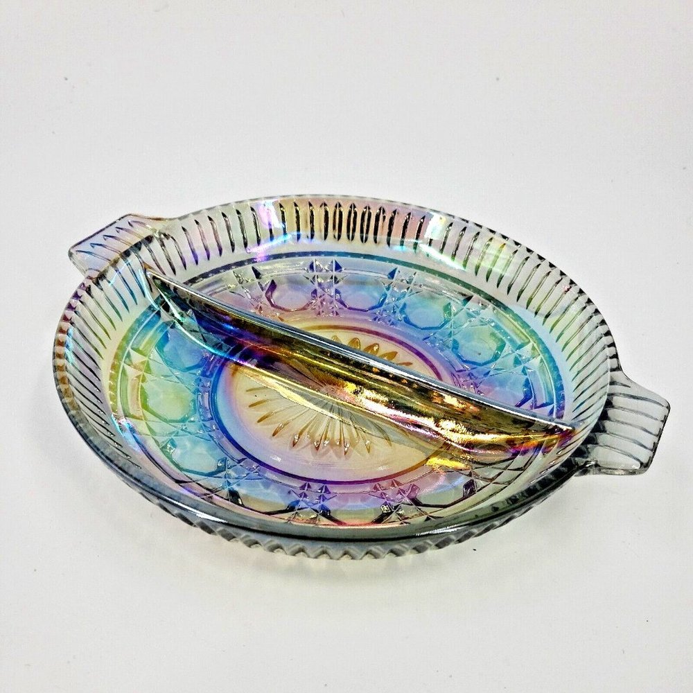 Vintage Smoky Blue Carnival Glass Divided Relish Candy Plate Indiana Windsor EC